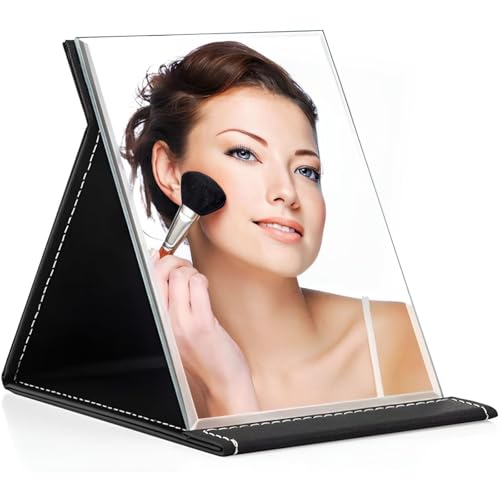 ONICORN Glass Portable Folding Makeup Mirror, Frameless Pu Leather Vanity Mirror with Stand for Desk Table Camping Travel Personal (Black-Pack of 1, Rectangular, Unframed, Tabletop Mount) - Image 1