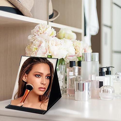 ONICORN Glass Portable Folding Makeup Mirror, Frameless Pu Leather Vanity Mirror with Stand for Desk Table Camping Travel Personal (Black-Pack of 1, Rectangular, Unframed, Tabletop Mount) - Image 4