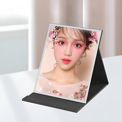 ONICORN Glass Portable Folding Makeup Mirror, Frameless Pu Leather Vanity Mirror with Stand for Desk Table Camping Travel Personal (Black-Pack of 1, Rectangular, Unframed, Tabletop Mount) - Image 3