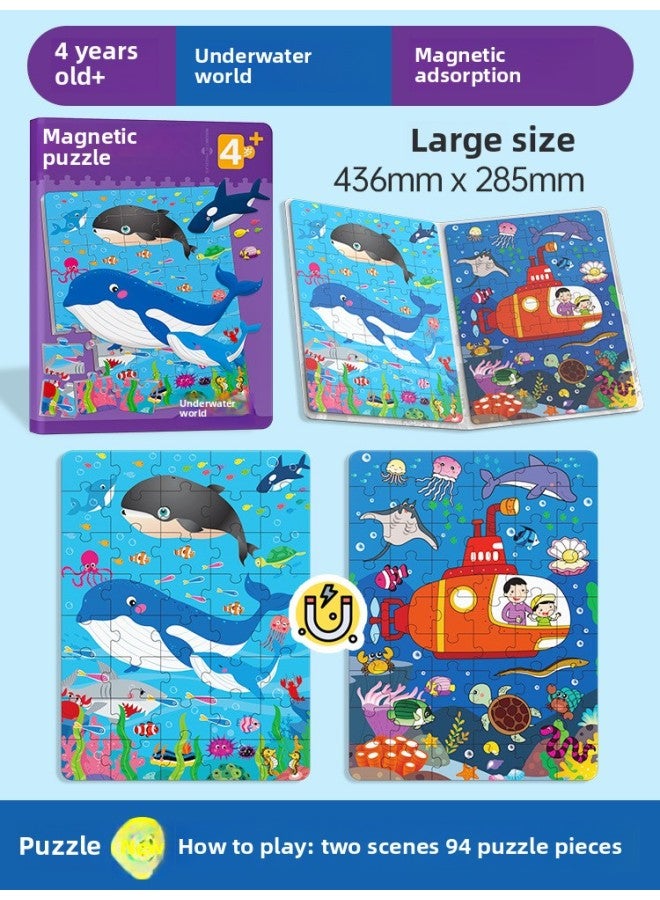 Children 2-5 Years Old Puzzle Magnetic Puzzle Baby Enlightenment Concentration Training Small Toy Puzzle Book Dinosaur Puzzle-Color:Magnetic Puzzle 4 + 【Underwater World】】 - Image 1