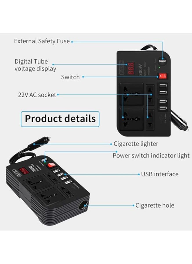 BYGD - 300W Car Power Inverter, DC 12V to 220V AC Converter with 4 Charger Outlets and Four 4.1A USB Ports Cigarette Lighter Socket Adapter - Image 1