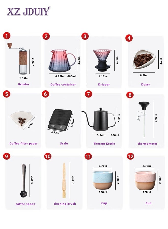 أبحر مجموعة ماكينة صنع القهوة V60 اليدوية المكونة من 12 قطعة، ماكينة صنع القهوة بالتنقيط، مجموعة قهوة يدوية فاخرة - Image 2