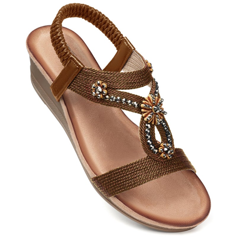 SHIBEVER Brown Wedge Sandals for Women Dressy Summer Comfortable Sandals Open Toe Ankle Strap Dress Shoes Low Heel Size 8.5 - Image 1