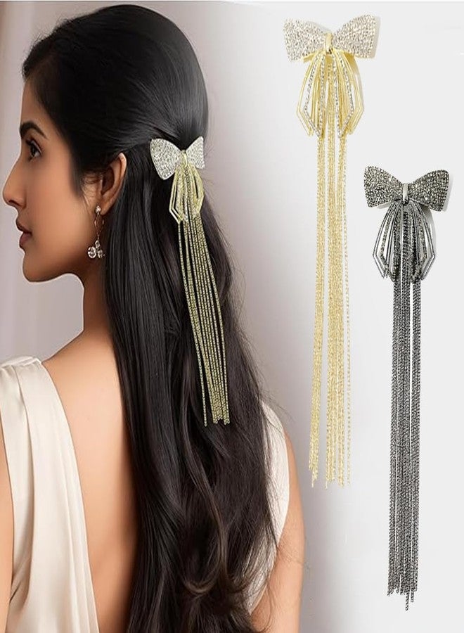 Melodio 2PCS Elegant Bow Tassel Hair Clip for Women - Luxury Metal Spring Barrette, French Style Ribbon Bow Hair Accessories for Wedding, Party, Daily Hairstyles - Image 5