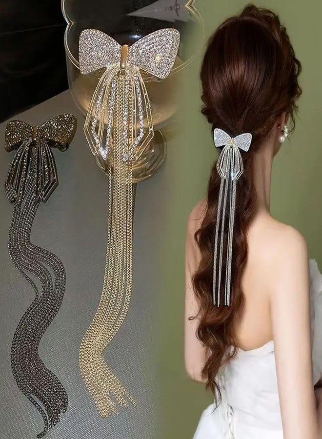 Melodio 2PCS Elegant Bow Tassel Hair Clip for Women - Luxury Metal Spring Barrette, French Style Ribbon Bow Hair Accessories for Wedding, Party, Daily Hairstyles - Image 4