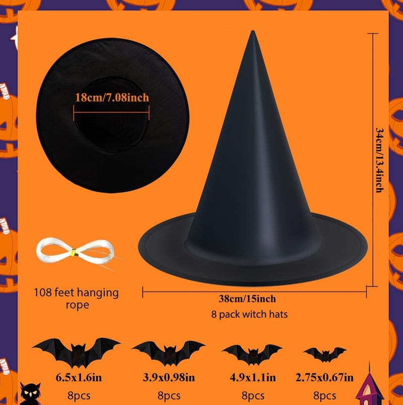 Dokeawo Hanging Halloween Decorations Decor Indoor Outdoor, Witch hats 8 Pack Halloween Witches Hat with 108 Feet Rope & 32Pcs 3D Bats, Hanging Witch Hats Witches Costume Accessory for Party Favor - Image 2