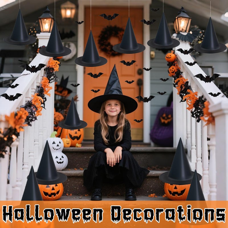 Dokeawo Hanging Halloween Decorations Decor Indoor Outdoor, Witch hats 8 Pack Halloween Witches Hat with 108 Feet Rope & 32Pcs 3D Bats, Hanging Witch Hats Witches Costume Accessory for Party Favor - Image 4