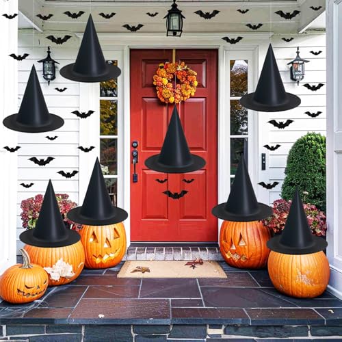 Dokeawo Hanging Halloween Decorations Decor Indoor Outdoor, Witch hats 8 Pack Halloween Witches Hat with 108 Feet Rope & 32Pcs 3D Bats, Hanging Witch Hats Witches Costume Accessory for Party Favor - Image 1