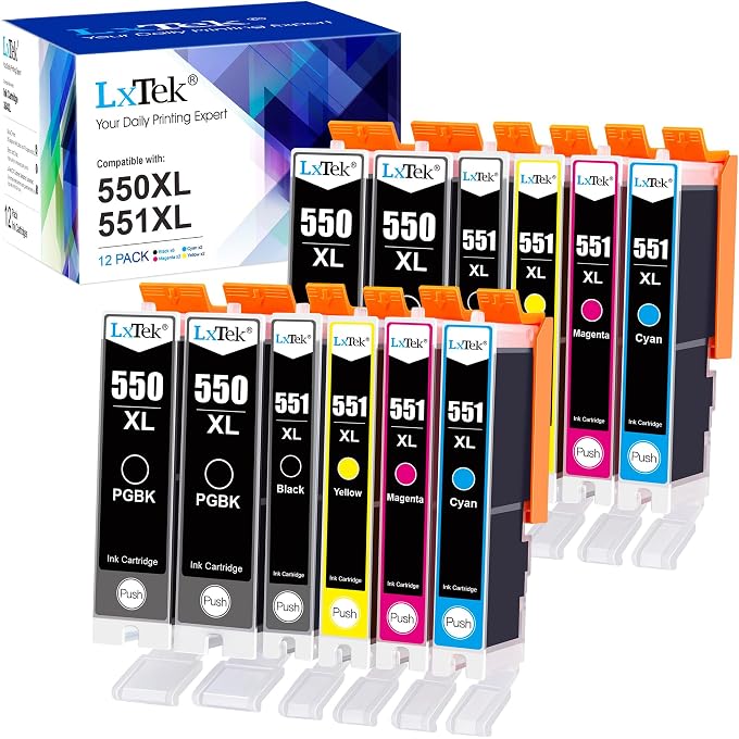 LxTek 550 551 XL Multipack Cartridges Compatible with PGI-550 XL CLI-551 XL for Pixma IP7250 MX925 MX920 MX725 MG5650 MG5550 MG6450 MG7550 MG6650 MG5400 MG5450 IP7200 IX6850 (12 Pack)