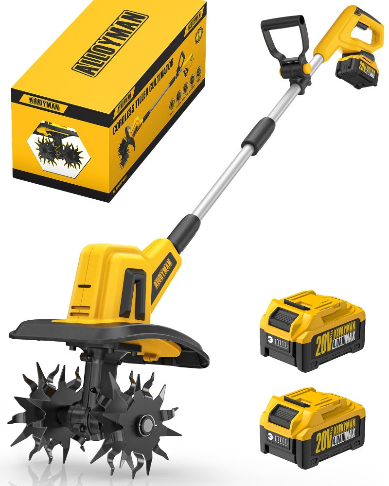 Alloyman 20V Cordless Tiller Cultivator, 360RPM Electric Garden Tiller, with 2 * 4.0Ah Batteries & Charger, 9In Tilling Width and 6.6In Depth Garden Rototiller for Lawn/Gardening/Soil Cultivation - Image 1