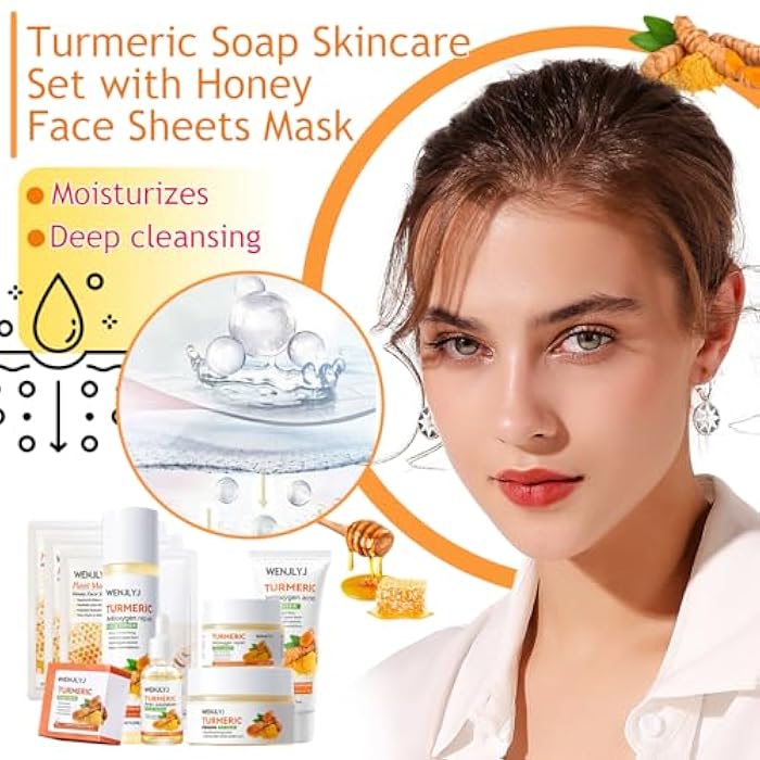 WENJLYJ Turmeric Soap Skincare Set with Honey Face Sheets Mask,Hydrating Travel Size Turmeric Face Wash,Moisturizing Face Toner & Face Serum & Face Cream,Eye Cream Skin Care Gift Set for Women（9PCS) - Image 2