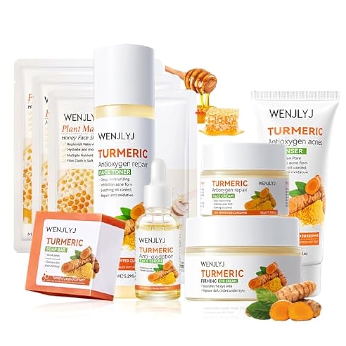 WENJLYJ Turmeric Soap Skincare Set with Honey Face Sheets Mask,Hydrating Travel Size Turmeric Face Wash,Moisturizing Face Toner & Face Serum & Face Cream,Eye Cream Skin Care Gift Set for Women（9PCS) - Image 1