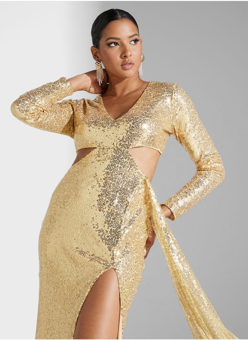 Namshi x Shouq Waist Cut Out Shimmer Dress  - Image 3