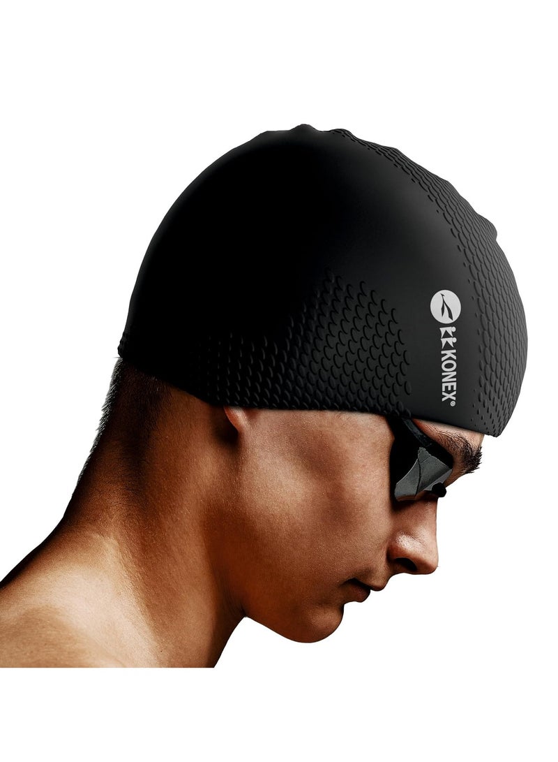 كونيكس قبعة سباحة سيليكون مقاومة للماء بتصميم فقاعات للرجال والنساء | قابلة للتمدد وسريعة الجفاف | تمنع شد الشعر والأضرار الكيميائية | مثالية للأطفال والبالغين (أسود) - Image 1