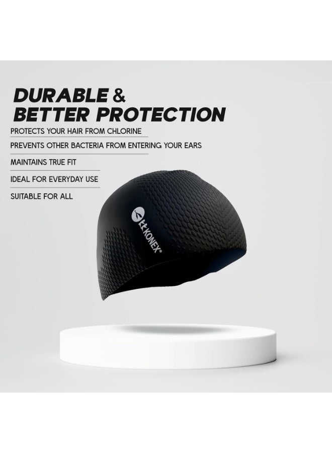 كونيكس قبعة سباحة سيليكون مقاومة للماء بتصميم فقاعات للرجال والنساء | قابلة للتمدد وسريعة الجفاف | تمنع شد الشعر والأضرار الكيميائية | مثالية للأطفال والبالغين (أسود) - Image 3