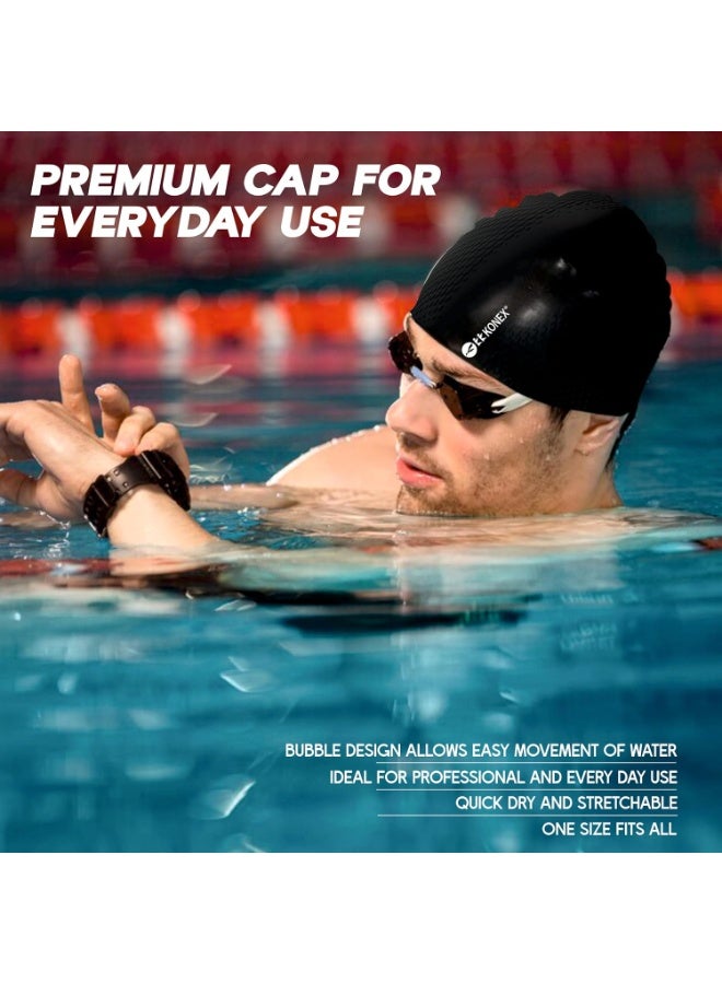 كونيكس قبعة سباحة سيليكون مقاومة للماء بتصميم فقاعات للرجال والنساء | قابلة للتمدد وسريعة الجفاف | تمنع شد الشعر والأضرار الكيميائية | مثالية للأطفال والبالغين (أسود) - Image 4