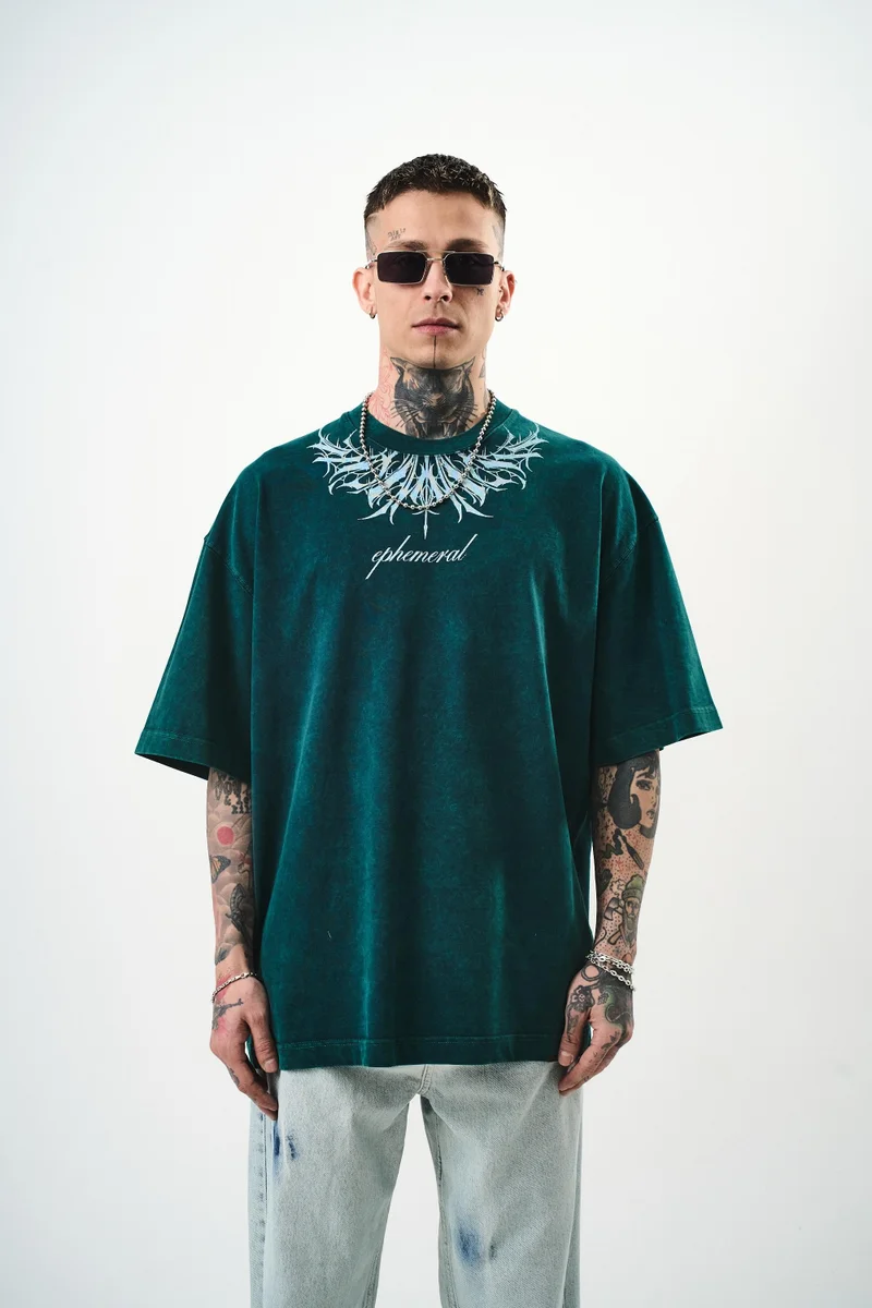 ريسباير تي شيرت رجالي مقاس كبير (Oversize) مغسول بطبعة "Ephemeral"، أخضر