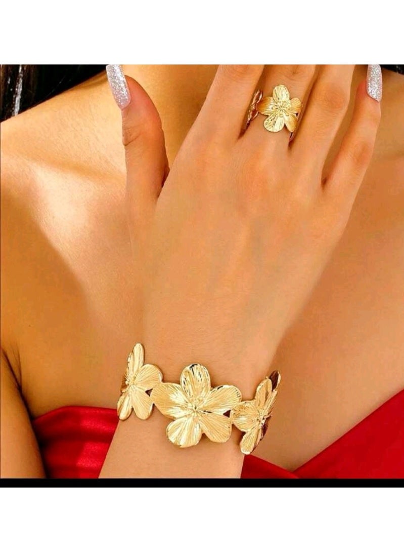 شي إن طقم واحد من خاتم ذهبي مفتوح بتصميم زهرة، مجوهرات نسائية - Image 5