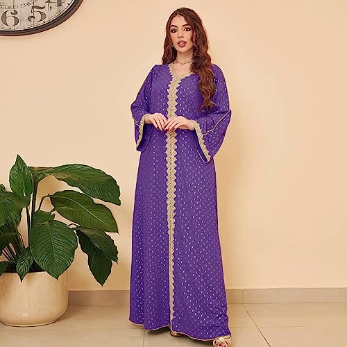 FPOVFPO Womens Muslim Abaya Dress One-Piece V Neck Bronzing Dress Islamic Full Length Kaftan Daily Casual Dress Purple - Image 2