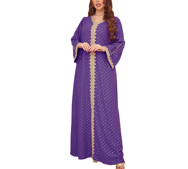 FPOVFPO Womens Muslim Abaya Dress One-Piece V Neck Bronzing Dress Islamic Full Length Kaftan Daily Casual Dress Purple - Image 3