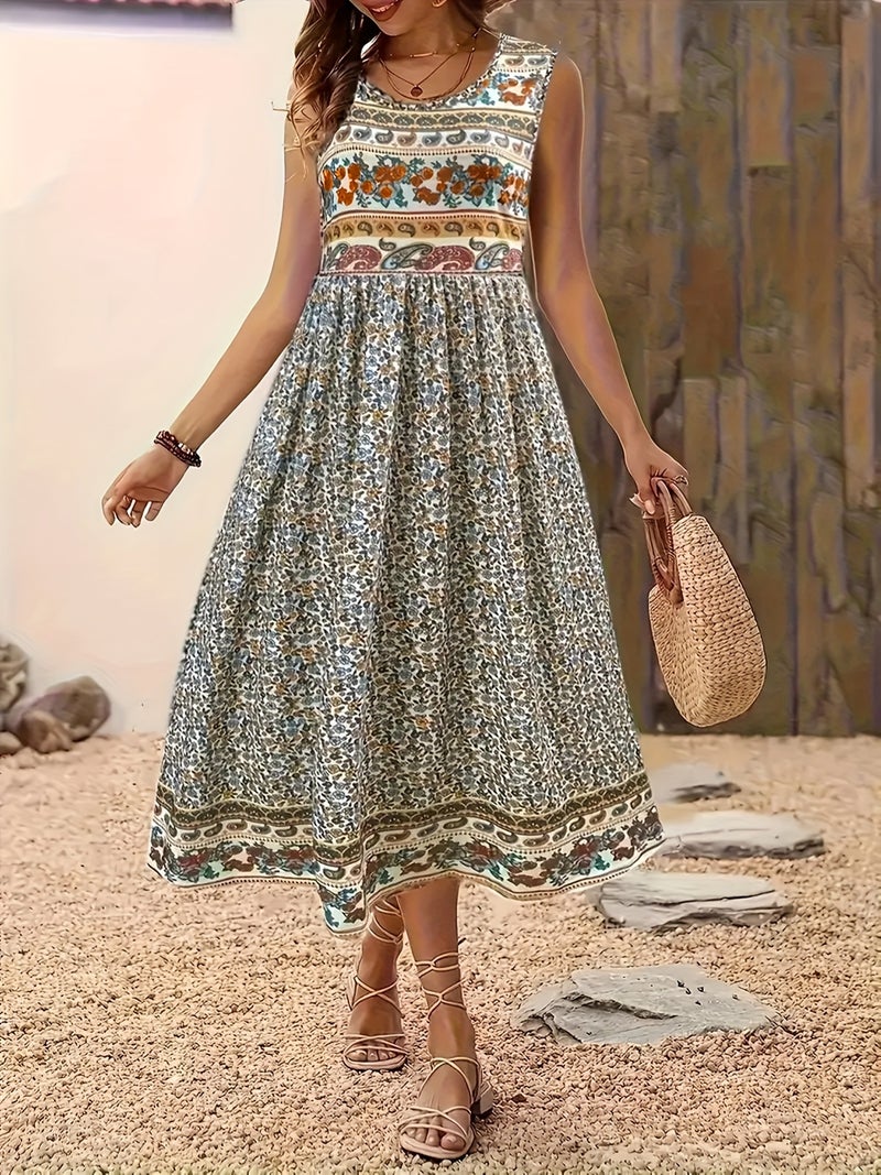 Women's Plus Size Sleeveless Round Neck Floral Print Midi Dress - Image 3