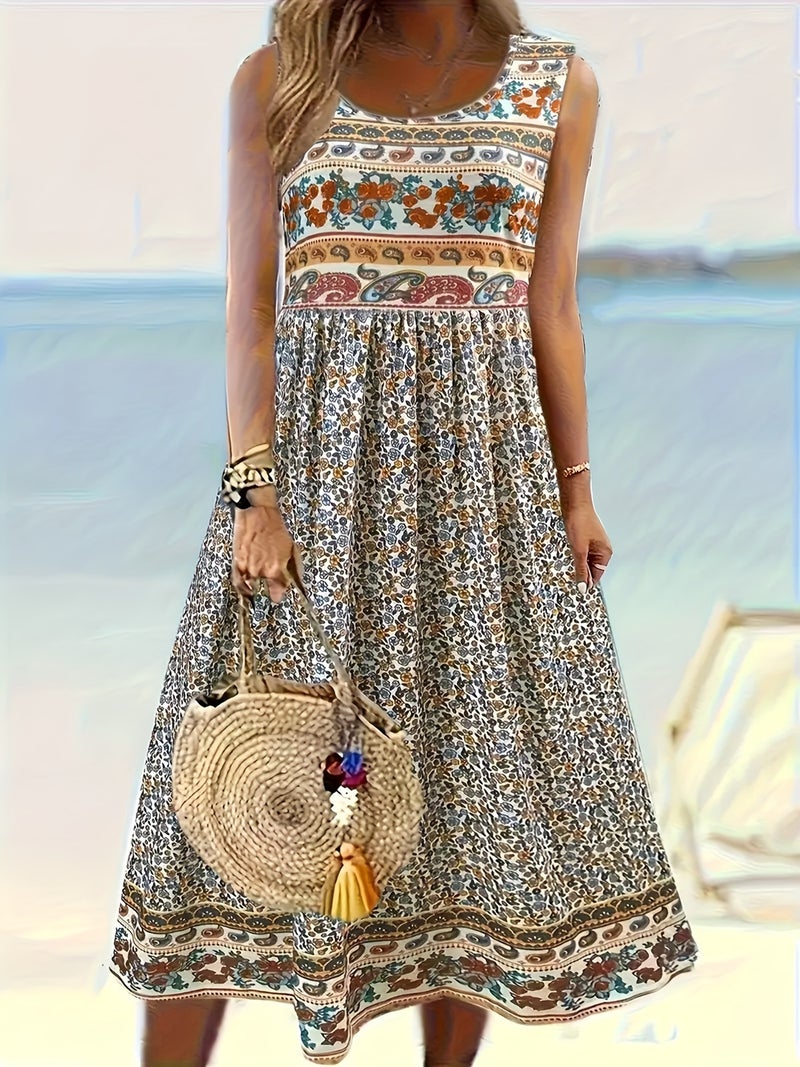 Women's Plus Size Sleeveless Round Neck Floral Print Midi Dress - Image 1