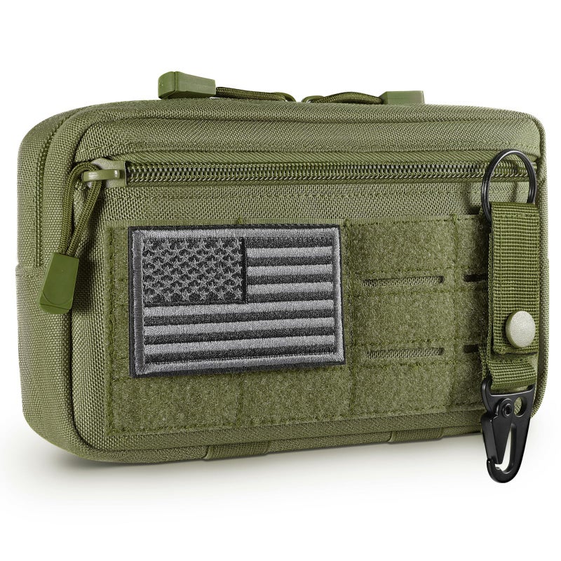 FRTKK Tactical Molle Admin Pouch Utility Laser Cut EDC Tool Pouch Bag Horizontal Modular Pouches Include US Flag Patch and Keychain (Army Green) - Image 1