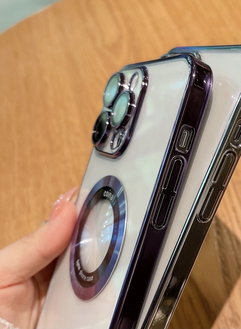 Color Fans for iPhone 14 Pro Case Magnetic Compatible with Magsafe Glass Lens Camera Protector Logo View Hard Luxury Phone Case for Women Men Transparent Cover Purple - Image 5