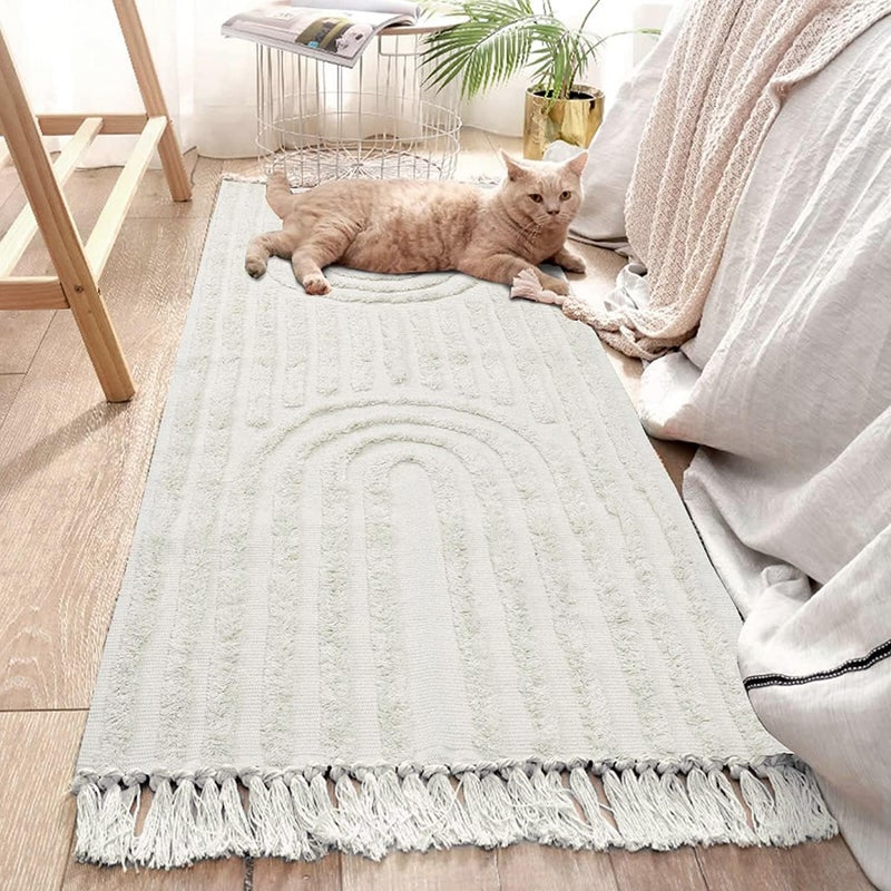 LEEVAN Boho Runner Rug Washable 2x5 Woven Beige Cotton Farmhouse Kitchen Rugs with Tassels Bohemian Rainbow Hallway Accent Rug for BedroomBathroomLaundry or Living Room