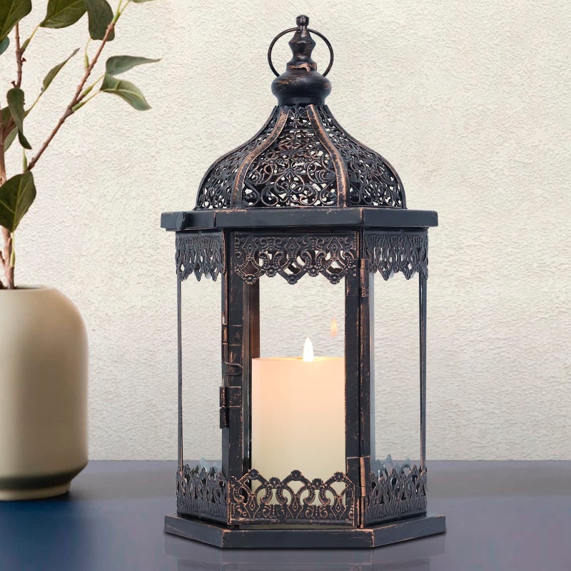 NEEDOMO Lanterns Decorative Indoor 15 Vintage Outdoor Lantern with Clear Glass Metal Candle Holder for Front Porch Patio Wedding Party Home Kitchen Coffee Table Livinig Room Decor