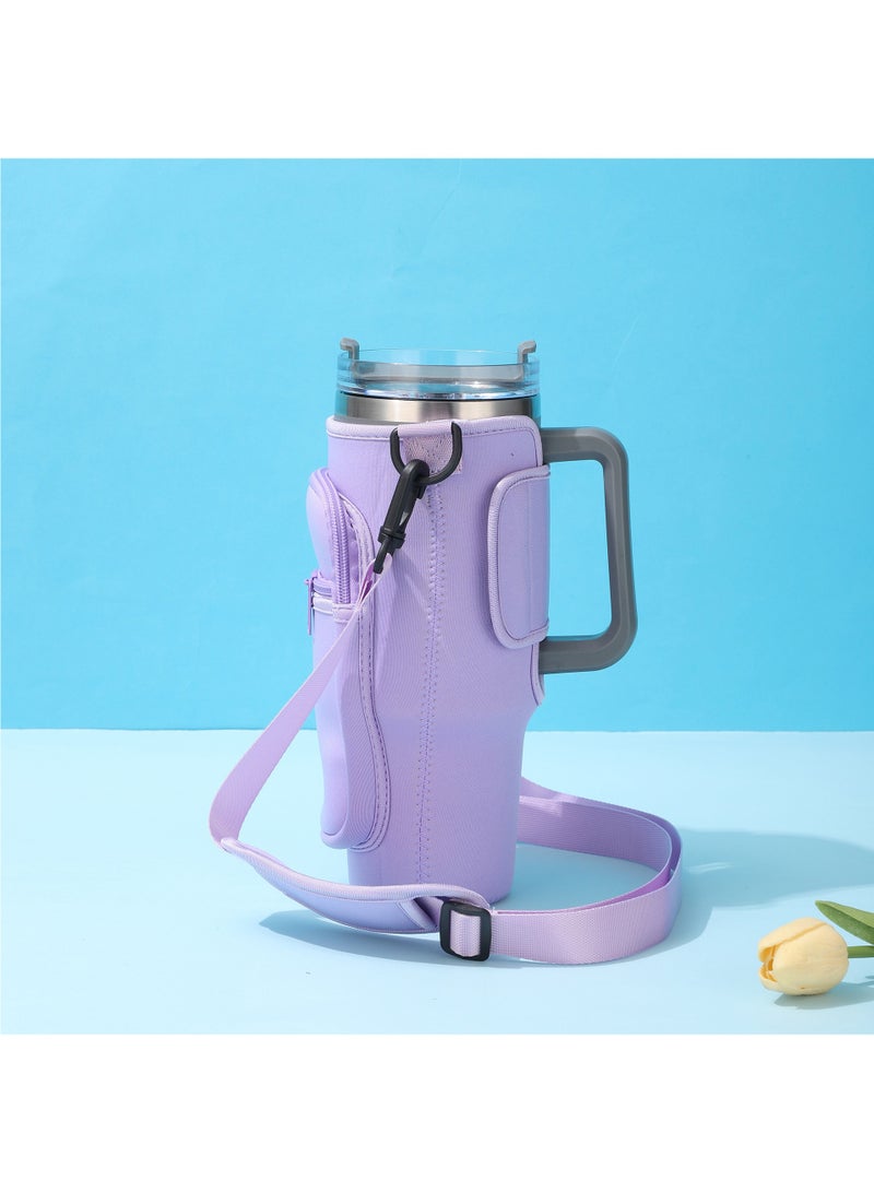 Hihonor Water Bottle Carrier Bag with Pouch for 40 oz Tumbler with Handle, Neoprene Water Bottle Holder Pocket with Adjustable Strap, Bottle Pouch for Stanley Cup Accessories (Purple)  - Image 1