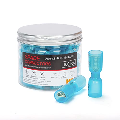 HKS 100PCS Female Spade Connector Blue 16-14 AWG - Heat Shrink Electrical Quick Disconnect Wire Connectors Kit - Tinned Red Copper - Automotive Marine Crimp Connectors - Waterproof and Insulated - Image 1