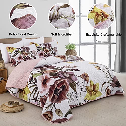 Drucon Floral Quilt Set King 3 Pieces Boho Blush Quilt Coverlet Set Soft Microfiber Lightweight Colorful Floral Quilted Bedspread for All Season 104"x90" - Image 2
