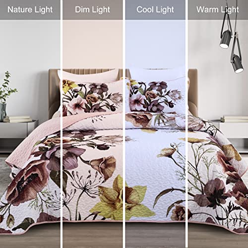 Drucon Floral Quilt Set King 3 Pieces Boho Blush Quilt Coverlet Set Soft Microfiber Lightweight Colorful Floral Quilted Bedspread for All Season 104"x90" - Image 3