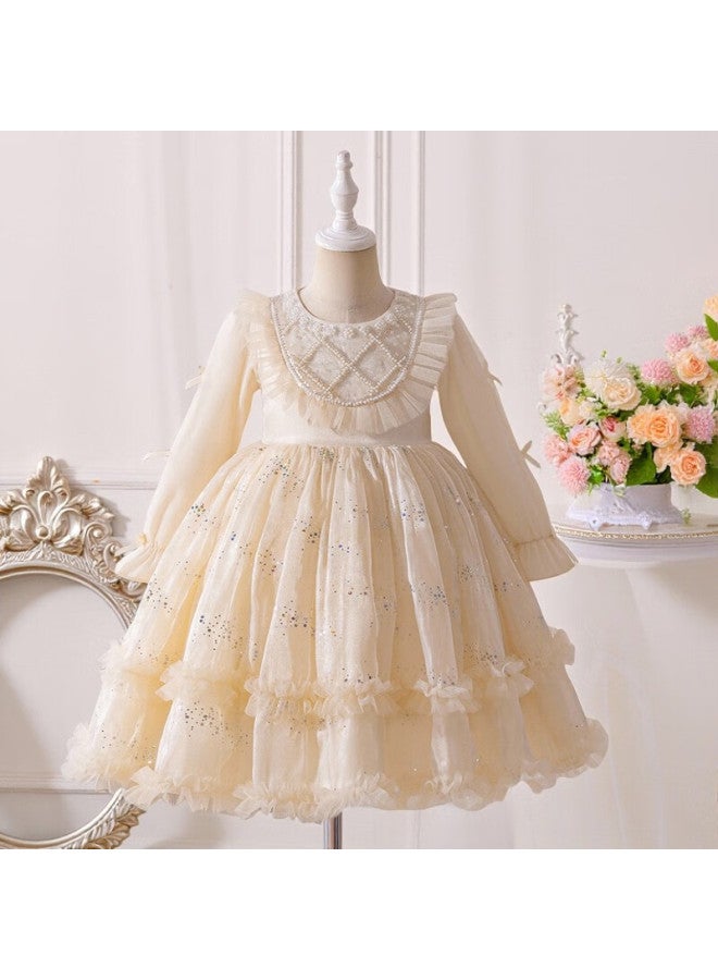 Luobobeibei Girls Princess Dress Autumn Long Sleeve Puff Dress Fashion Show Wedding Dress Champagne Color 140cm - Image 3