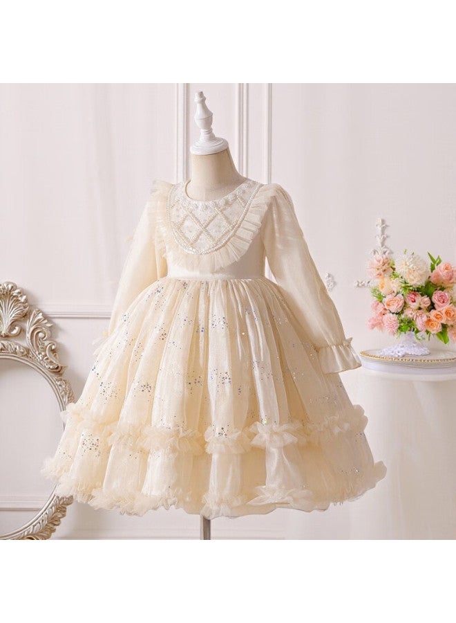 Luobobeibei Girls Princess Dress Autumn Long Sleeve Puff Dress Fashion Show Wedding Dress Champagne Color 140cm - Image 4