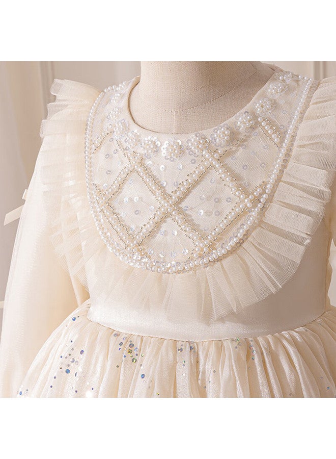 Luobobeibei Girls Princess Dress Autumn Long Sleeve Puff Dress Fashion Show Wedding Dress Champagne Color 140cm - Image 5