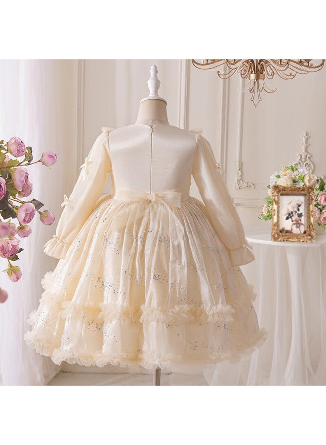 Luobobeibei Girls Princess Dress Autumn Long Sleeve Puff Dress Fashion Show Wedding Dress Champagne Color 140cm - Image 2