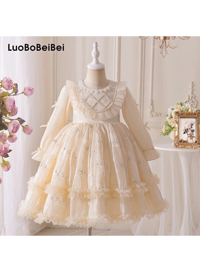 Luobobeibei Girls Princess Dress Autumn Long Sleeve Puff Dress Fashion Show Wedding Dress Champagne Color 140cm - Image 1