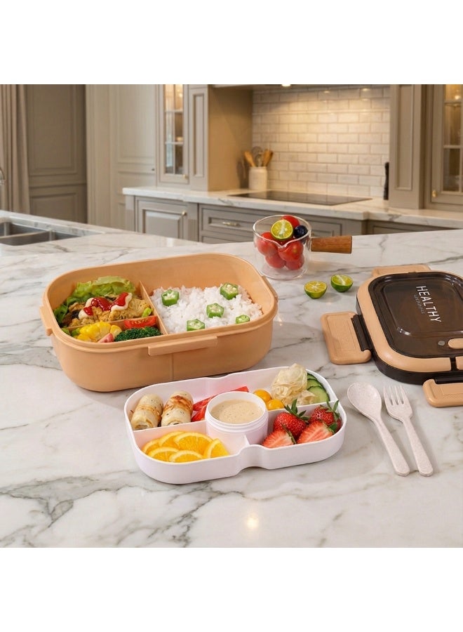 YAH Creation YAH HealthyLife Bento Lunch Box with Sauce Box - BPA-Free, Leak-Proof, 2 Stackable Layers with 6 Compartments, Microwave & Dishwasher Safe, Includes Cutlery & Handle for Easy Carrying - Image 1