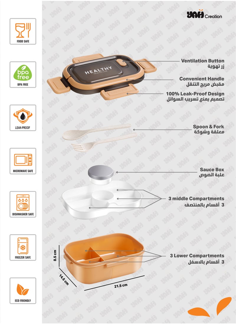 YAH Creation - YAH HealthyLife Bento Lunch Box with Sauce Box - BPA-Free, Leak-Proof, 2 Stackable Layers with 6 Compartments, Microwave & Dishwasher Safe, Includes Cutlery & Handle for Easy Carrying - Image 1