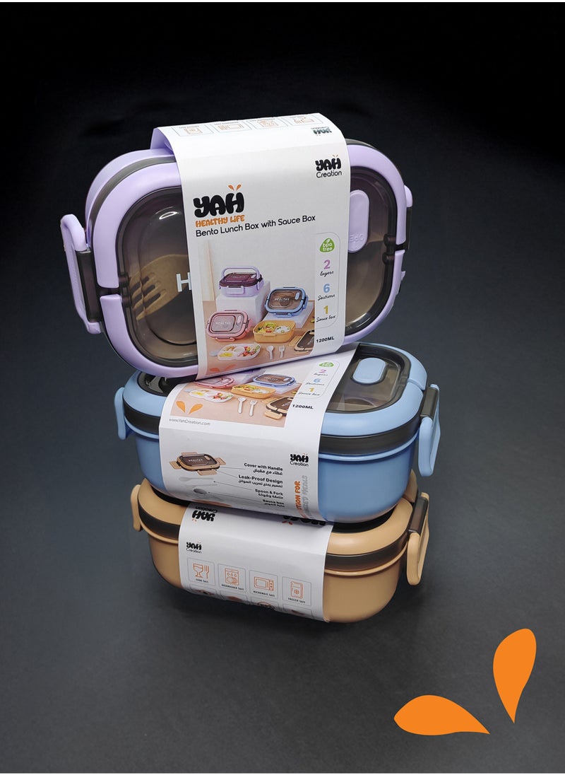 YAH Creation - YAH HealthyLife Bento Lunch Box with Sauce Box - BPA-Free, Leak-Proof, 2 Stackable Layers with 6 Compartments, Microwave & Dishwasher Safe, Includes Cutlery & Handle for Easy Carrying - Image 1