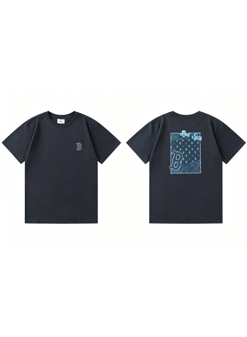 MLB Red Sox Faded Blue B Monogram Front Back Graphic Black Unisex Cotton T-shirt-XXXXXL - Image 1