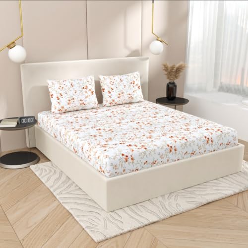 Plumora King Size Elastic Fitted Bedsheet, 100% Pure Cotton King Size Fitted Bedsheet for Double Bed with 2 Pillow Covers, 240 TC, 72×78 Inches up to 8-inch Mattress, Floral (Cherry Blossom Fitted) - Image 3