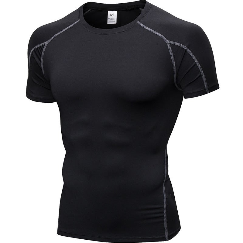Generic Mens PRO Tight Short-sleeved Fitness Sports Running Training Suit Elastic Quick-drying Clothes Short-sleeved T-shirt Clothes 1053 Black gray line