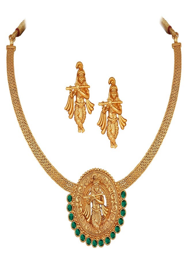 JFL - Jewellery for Less Traditional Emerald Green Color Stone studded Lord Krishna Temple Jewellery Necklace Set with Adjustable Thread for Women and Girls,Valentine - Image 1