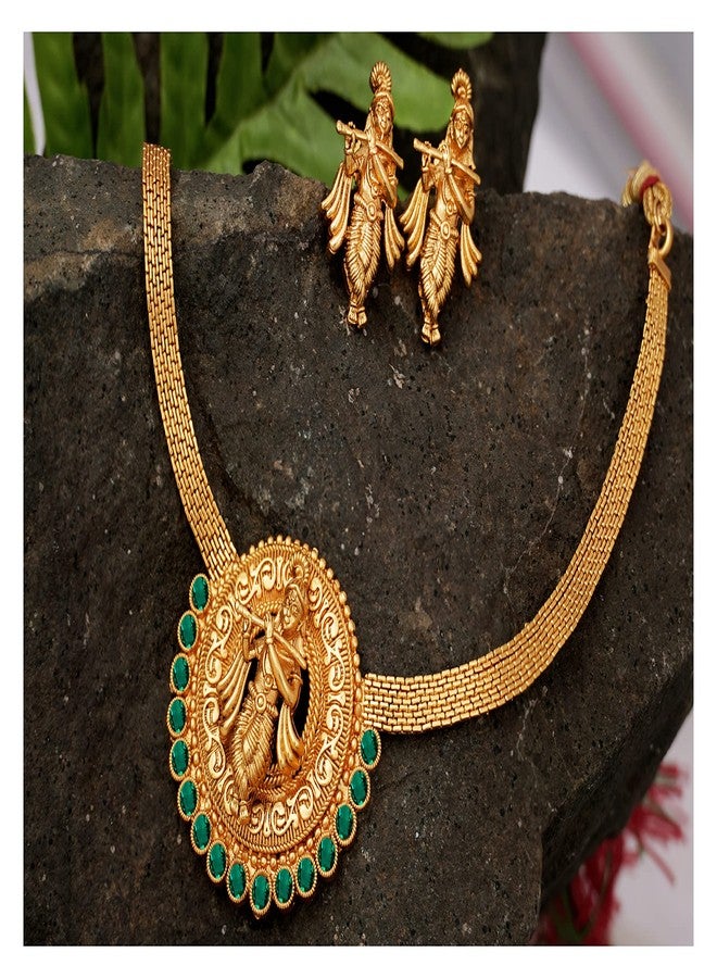 JFL - Jewellery for Less Traditional Emerald Green Color Stone studded Lord Krishna Temple Jewellery Necklace Set with Adjustable Thread for Women and Girls,Valentine - Image 2