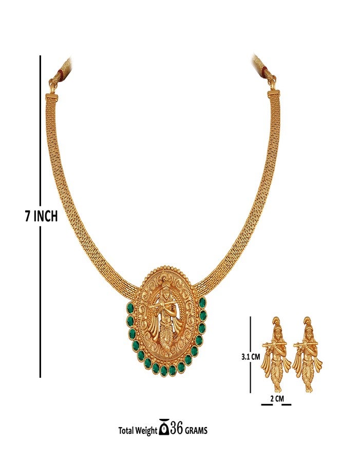 JFL - Jewellery for Less Traditional Emerald Green Color Stone studded Lord Krishna Temple Jewellery Necklace Set with Adjustable Thread for Women and Girls,Valentine - Image 5