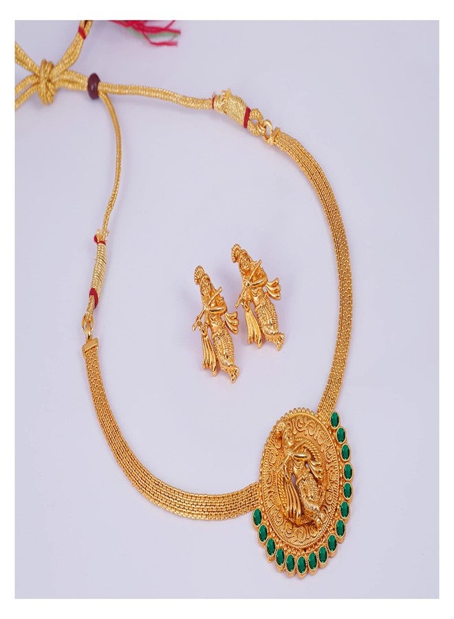 JFL - Jewellery for Less Traditional Emerald Green Color Stone studded Lord Krishna Temple Jewellery Necklace Set with Adjustable Thread for Women and Girls,Valentine - Image 3