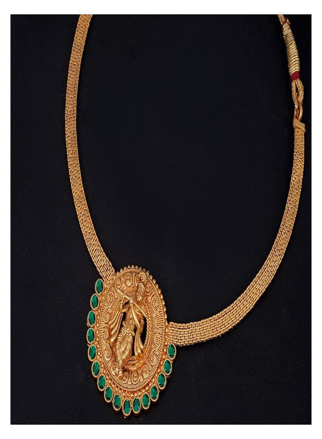 JFL - Jewellery for Less Traditional Emerald Green Color Stone studded Lord Krishna Temple Jewellery Necklace Set with Adjustable Thread for Women and Girls,Valentine - Image 4